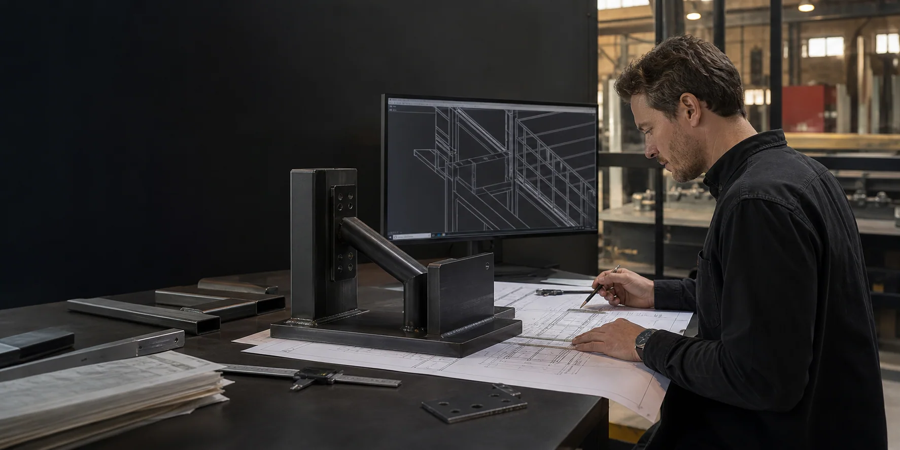Metallbauingenieur bei der Prüfung von CAD-Details, Werkstattzeichnungen und einer gefertigten Stahlverbindung
