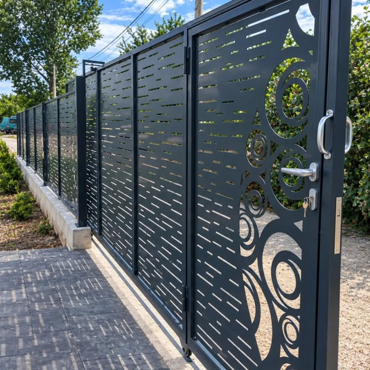 Tor- und Zaunanlage mit kreisförmigen Laserschnittmotiven von Paiqi Metal